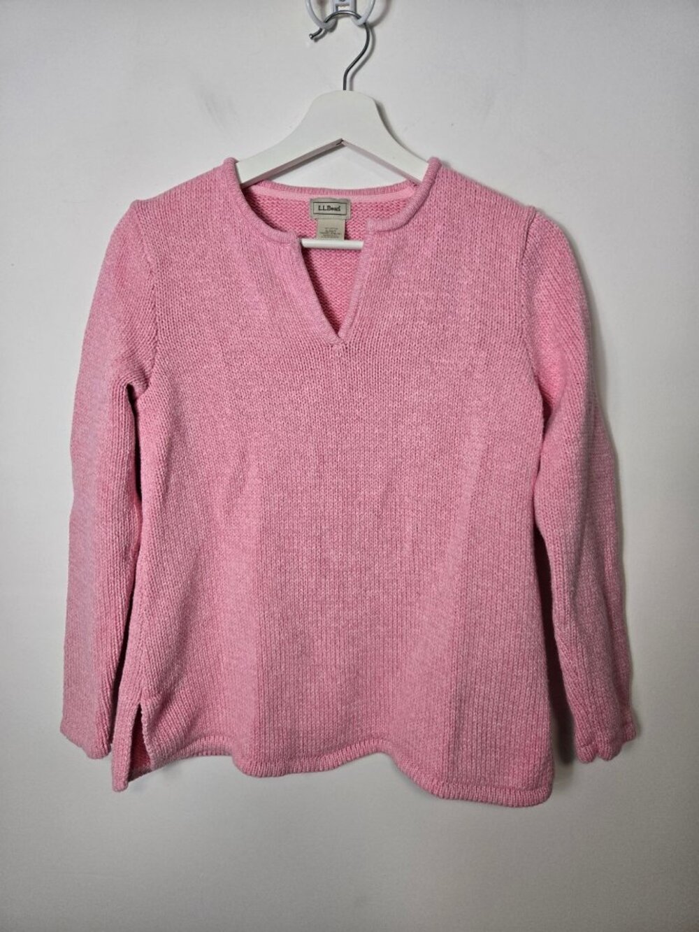 L.L. Bean Women's Size S Petite Pink 100% Cotton Split V-Neck Pullover Sweater